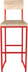 Red metal stool with back with whitewash stain ash wood made in UK - front view round frame