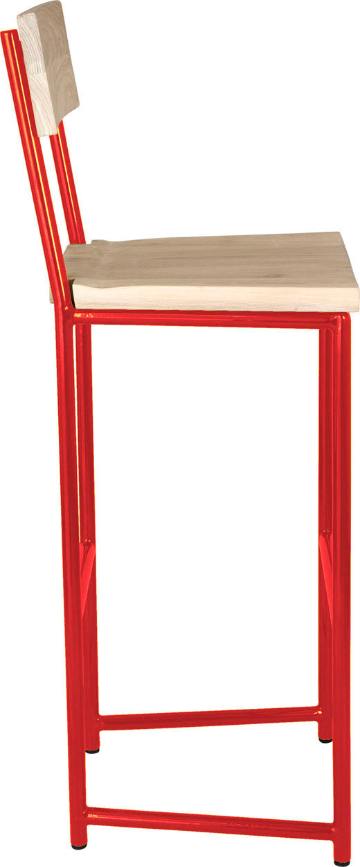 Red metal stool with back with whitewash stain ash wood made in UK - side view round frame