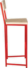 Load image into Gallery viewer, Red metal stool with back with whitewash stain ash wood made in UK - side view round frame
