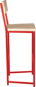Red metal stool with back with whitewash stain ash wood made in UK - side view round frame
