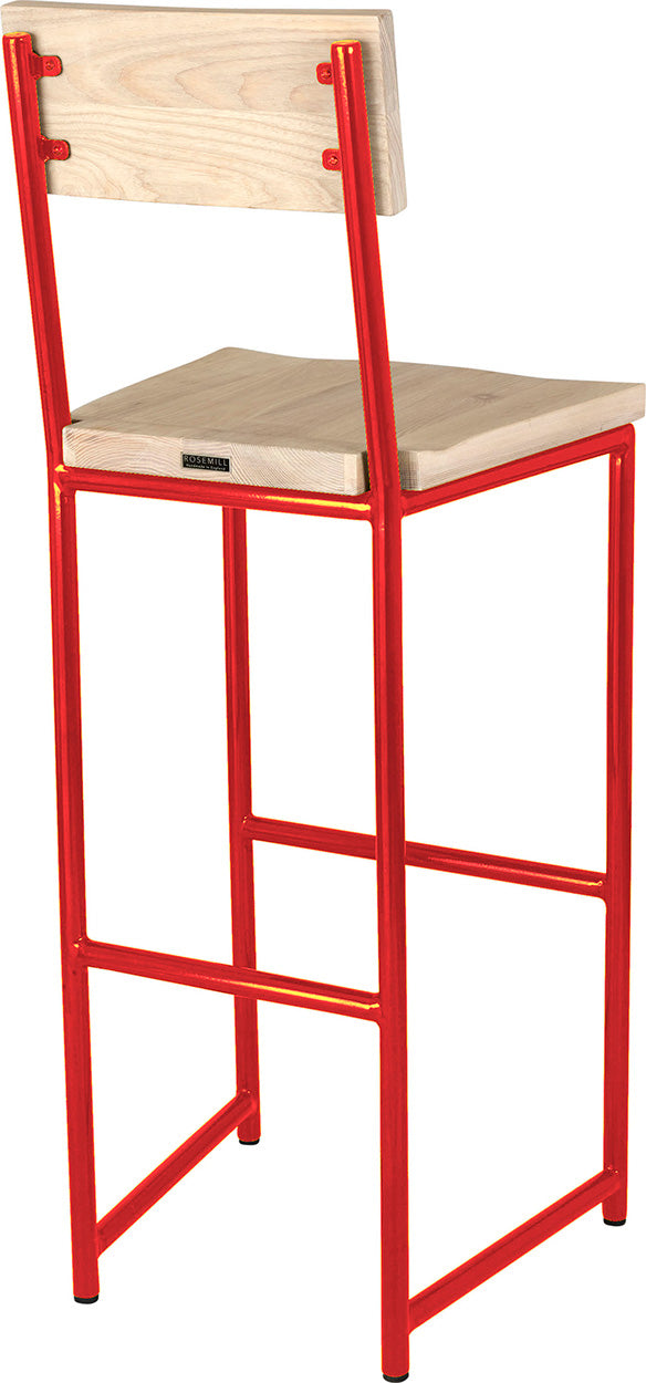 Red metal stool with back with whitewash stain ash wood made in UK - back side view round frame