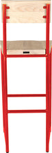 Load image into Gallery viewer, Red metal stool with back with whitewash stain ash wood made in UK - back view round frame
