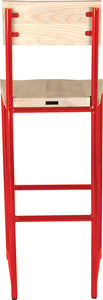 Red metal stool with back with whitewash stain ash wood made in UK - back view round frame