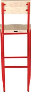 Red metal stool with back with whitewash stain ash wood made in UK - back view round frame