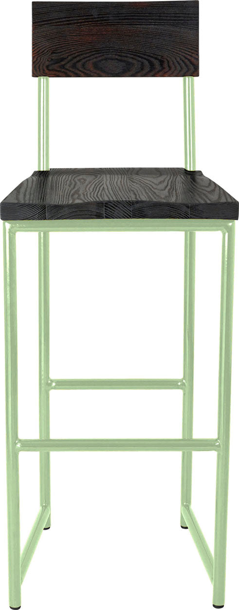 Mint green metal stool with back with whitewash stain ash wood made in UK - front view round frame