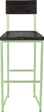 Load image into Gallery viewer, Mint green metal stool with back with whitewash stain ash wood made in UK - front view round frame
