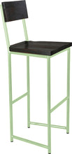 Load image into Gallery viewer, Mint green metal stool with back with whitewash stain ash wood made in UK - angle view round frame
