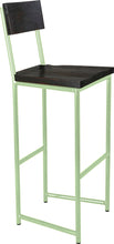 Load image into Gallery viewer, Mint green metal stool with back with whitewash stain ash wood made in UK - angle view round frame
