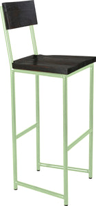 Mint green metal stool with back with whitewash stain ash wood made in UK - angle view round frame