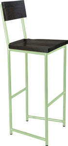 Mint green metal stool with back with whitewash stain ash wood made in UK - angle view round frame
