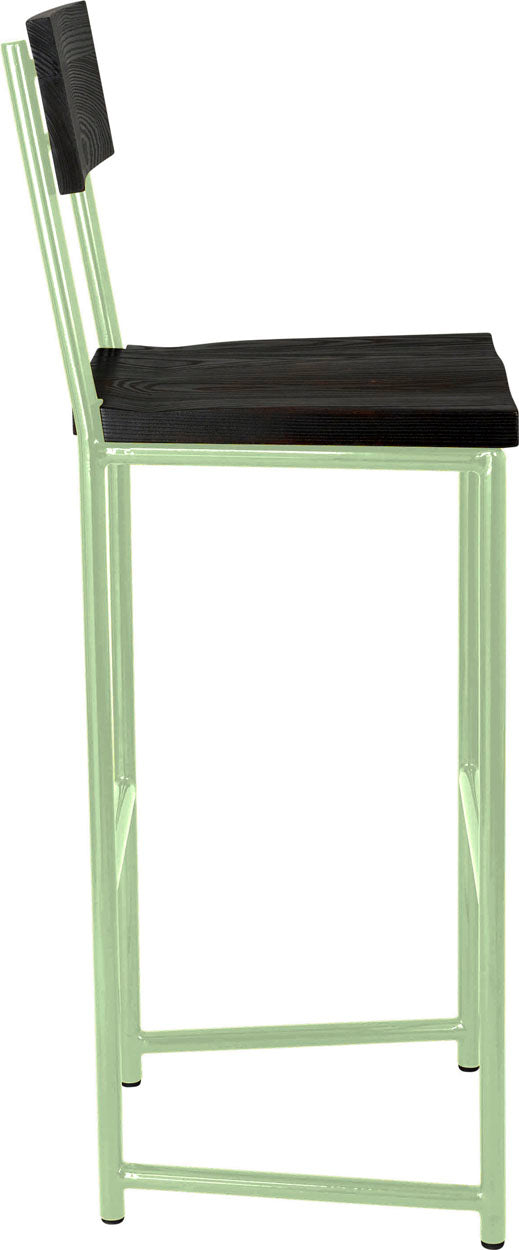 Mint green metal stool with back with whitewash stain ash wood made in UK - side view round frame