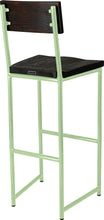 Load image into Gallery viewer, Mint green metal stool with back with whitewash stain ash wood made in UK - back side view round frame
