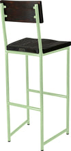 Load image into Gallery viewer, Mint green metal stool with back with whitewash stain ash wood made in UK - back side view round frame
