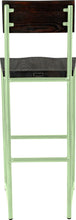 Load image into Gallery viewer, Mint green metal stool with back with whitewash stain ash wood made in UK - back view round frame
