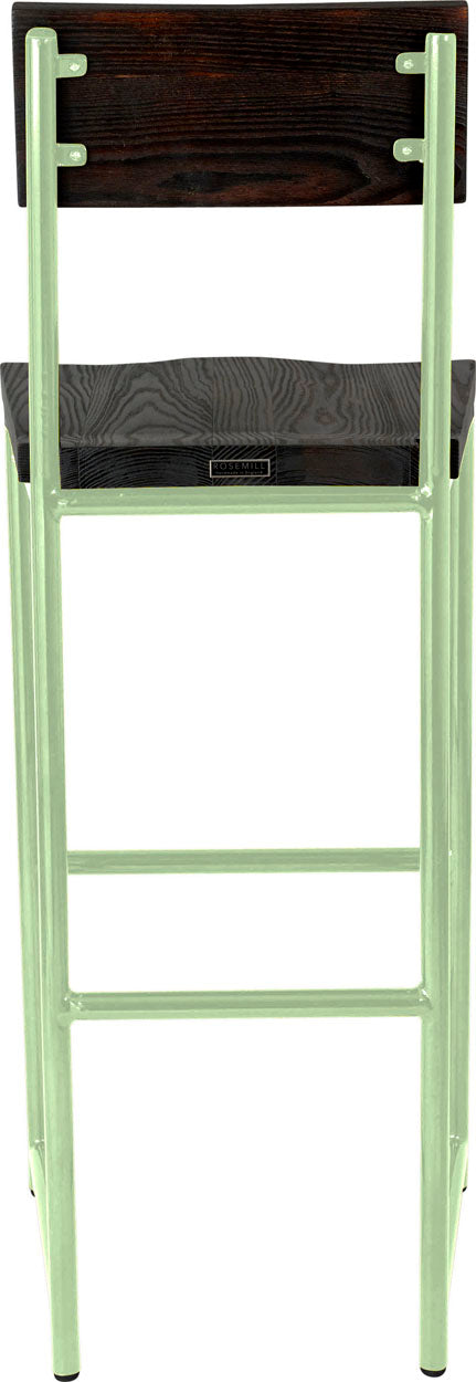 Mint green metal stool with back with whitewash stain ash wood made in UK - back view round frame