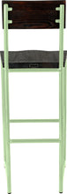 Load image into Gallery viewer, Mint green metal stool with back with whitewash stain ash wood made in UK - back view round frame
