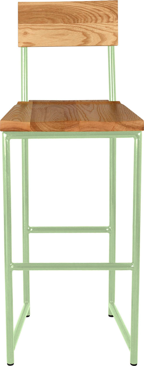 Mint green metal stool with back with natural stain ash wood made in UK - front view round frame