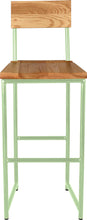 Load image into Gallery viewer, Mint green metal stool with back with natural stain ash wood made in UK - front view round frame
