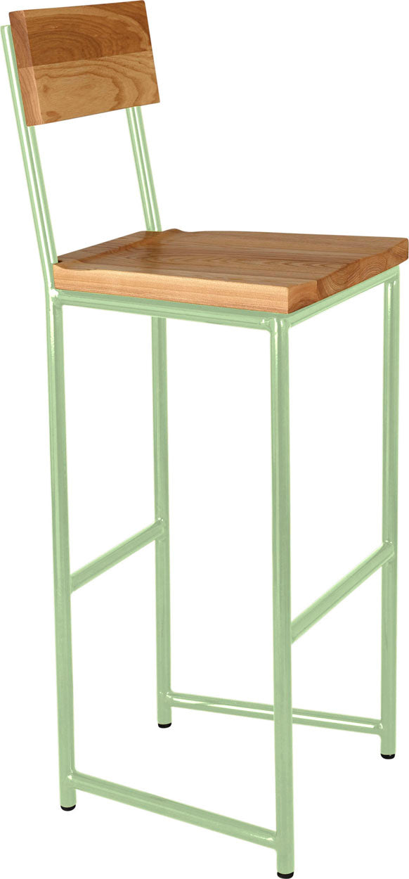Mint green metal stool with back with natural stain ash wood made in UK - angle view round frame