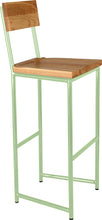 Load image into Gallery viewer, Mint green metal stool with back with natural stain ash wood made in UK - angle view round frame
