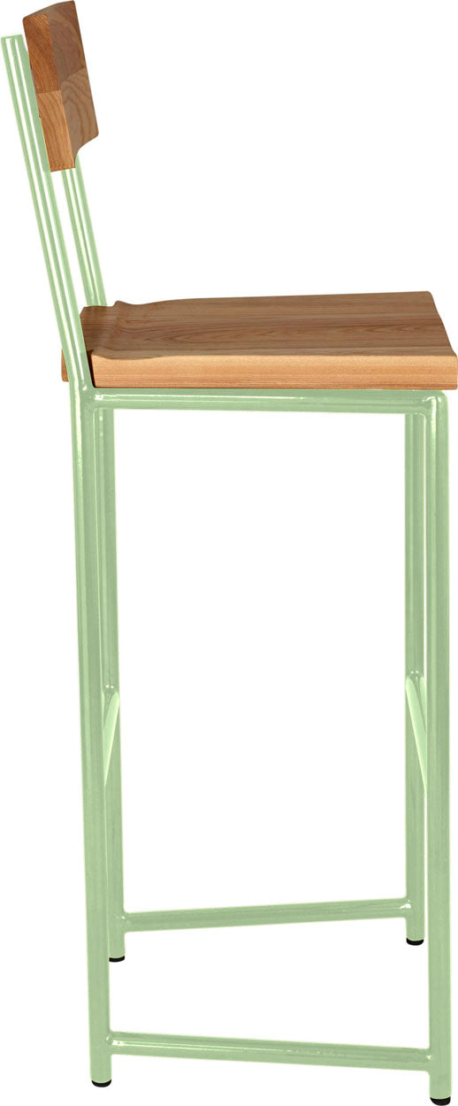 Mint green metal stool with back with natural stain ash wood made in UK - side view round frame