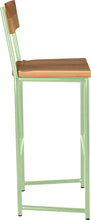 Load image into Gallery viewer, Mint green metal stool with back with natural stain ash wood made in UK - side view round frame
