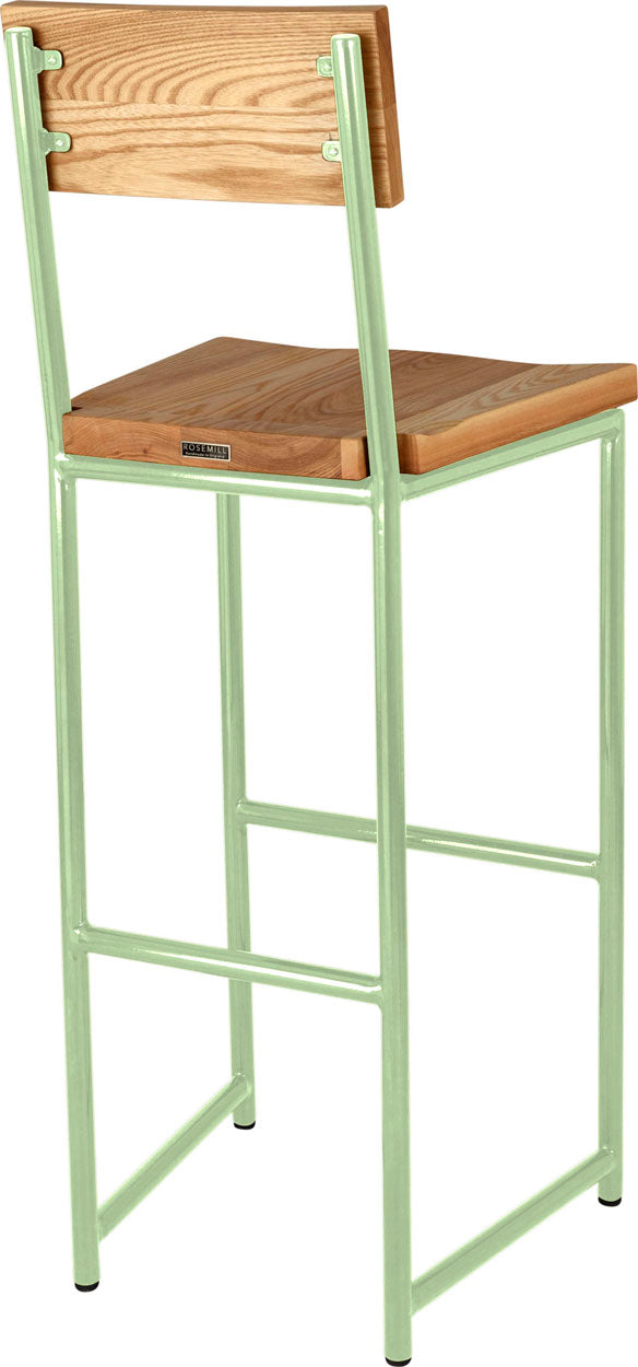 Mint green metal stool with back with natural stain ash wood made in UK - back side view round frame