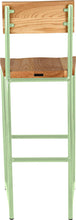 Load image into Gallery viewer, Mint green metal stool with back with natural stain ash wood made in UK - back view round frame
