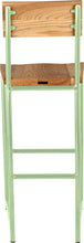 Load image into Gallery viewer, Mint green metal stool with back with natural stain ash wood made in UK - back view round frame
