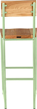 Load image into Gallery viewer, Mint green metal stool with back with natural stain ash wood made in UK - back view round frame
