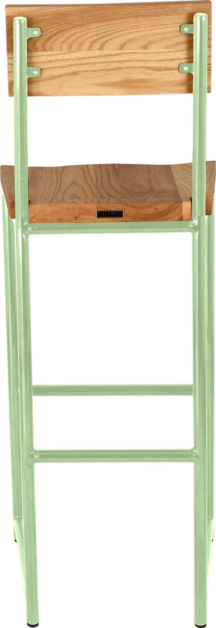 Mint green metal stool with back with natural stain ash wood made in UK - back view round frame