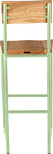 Load image into Gallery viewer, Mint green metal stool with back with natural stain ash wood made in UK - back view round frame
