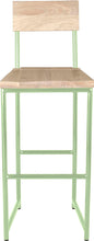 Load image into Gallery viewer, Mint green metal stool with back with whitewash stain ash wood made in UK - front view round frame
