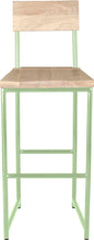Load image into Gallery viewer, Mint green metal stool with back with whitewash stain ash wood made in UK - front view round frame
