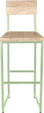 Load image into Gallery viewer, Mint green metal stool with back with whitewash stain ash wood made in UK - front view round frame
