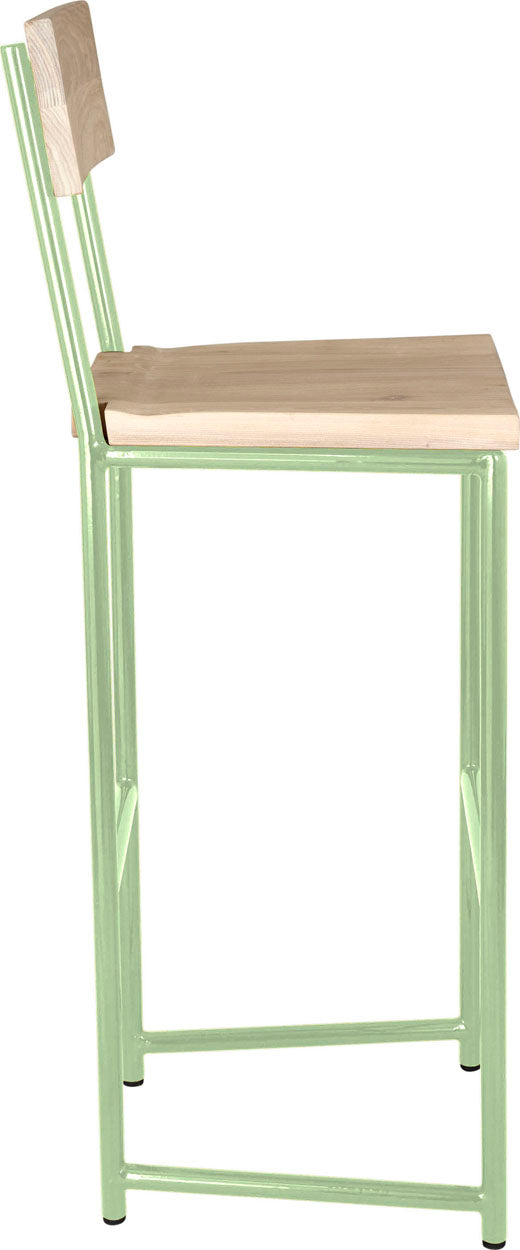 Mint green metal stool with back with whitewash stain ash wood made in UK - side view round frame