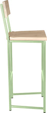 Load image into Gallery viewer, Mint green metal stool with back with whitewash stain ash wood made in UK - side view round frame
