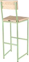 Load image into Gallery viewer, Mint green metal stool with back with whitewash stain ash wood made in UK - back side view round frame
