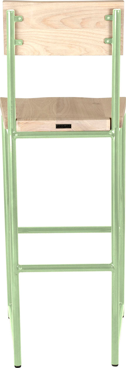 Mint green metal stool with back with whitewash stain ash wood made in UK - back view round frame
