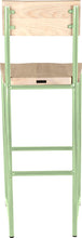 Load image into Gallery viewer, Mint green metal stool with back with whitewash stain ash wood made in UK - back view round frame
