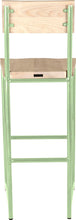 Load image into Gallery viewer, Mint green metal stool with back with whitewash stain ash wood made in UK - back view round frame
