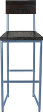 Load image into Gallery viewer, Shaker blue metal stool with back with black stain ash wood made in UK - front view round frame
