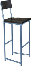 Load image into Gallery viewer, Shaker blue metal stool with back with black stain ash wood made in UK - angle view round frame
