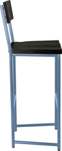Load image into Gallery viewer, Shaker blue metal stool with back with black stain ash wood made in UK - side view round frame
