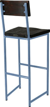 Load image into Gallery viewer, Shaker blue metal stool with back with black stain ash wood made in UK - back side view round frame
