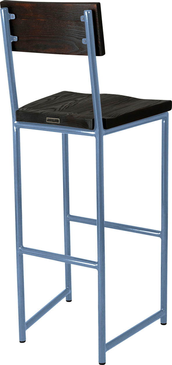 Shaker blue metal stool with back with black stain ash wood made in UK - back side view round frame