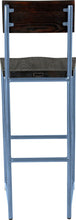 Load image into Gallery viewer, Shaker blue metal stool with back with black stain ash wood made in UK - back view round frame
