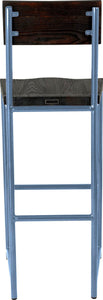 Shaker blue metal stool with back with black stain ash wood made in UK - back view round frame