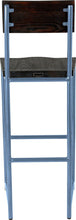 Load image into Gallery viewer, Shaker blue metal stool with back with black stain ash wood made in UK - back view round frame
