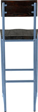 Load image into Gallery viewer, Shaker blue metal stool with back with black stain ash wood made in UK - back view round frame
